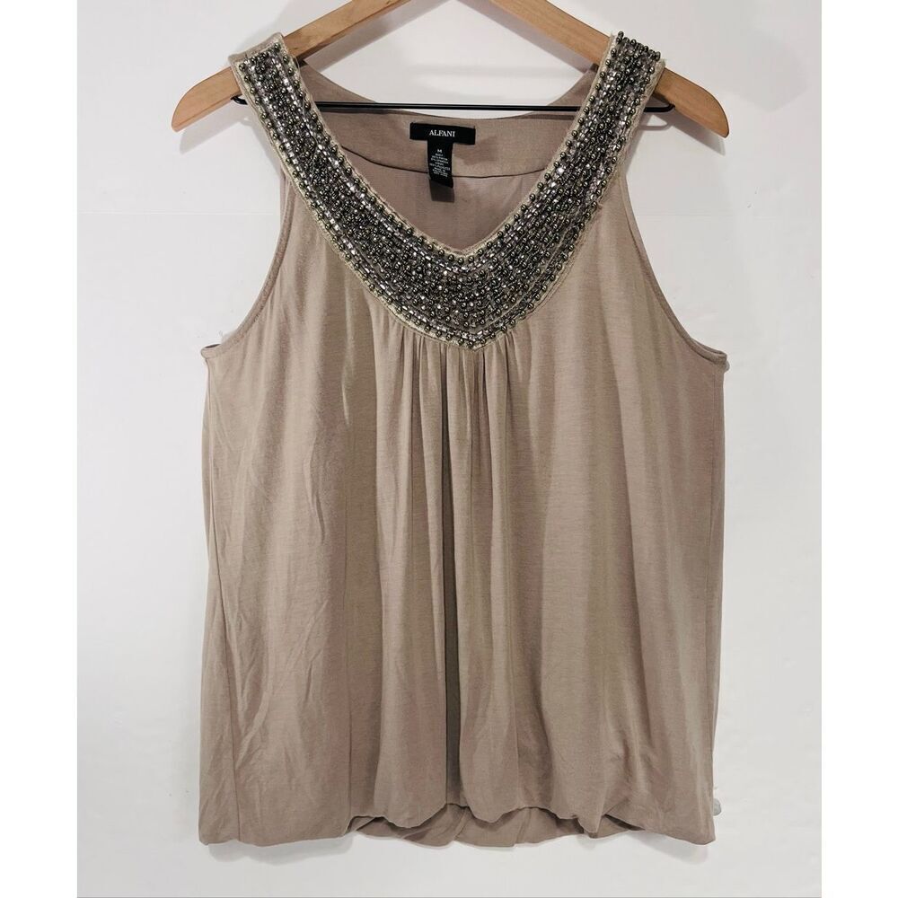 Alfani Taupe Beaded Neckline Sleeveless Top Size M